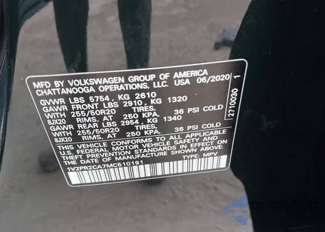 2021 Volkswagen Atlas 3.6L V6 Se W/Technology R-Line z USA, uszkodzony, nr VIN 1V2PR2CA7MC510191